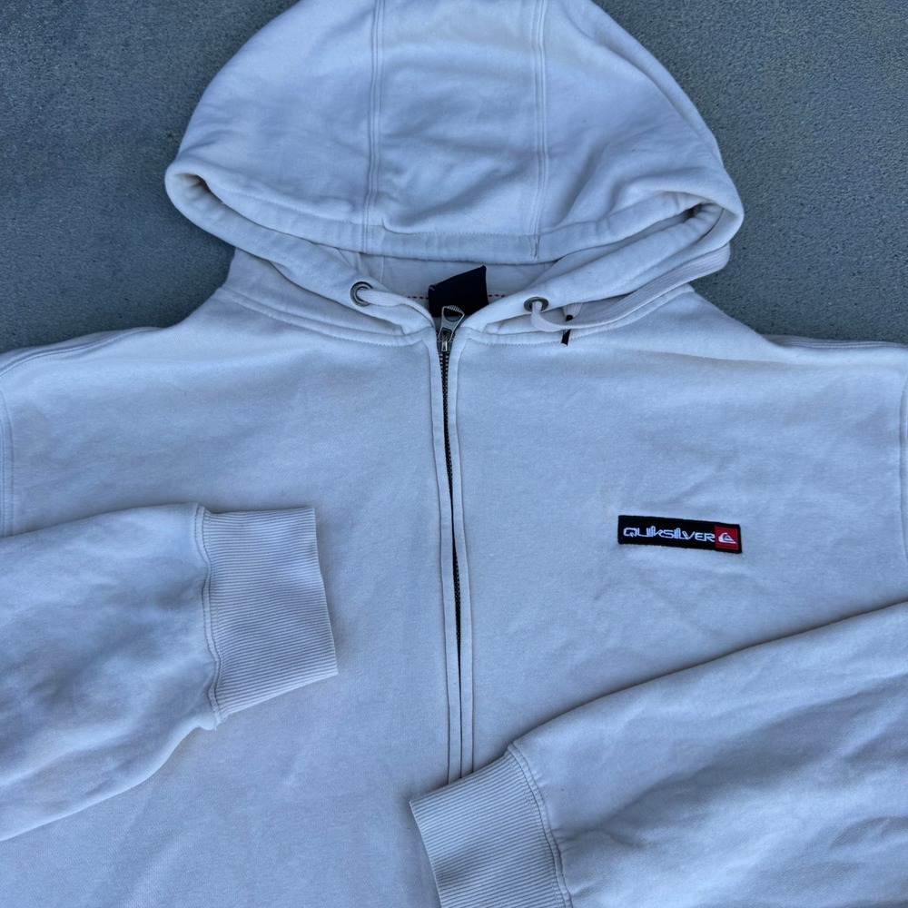 Quiksilver Men XL Full‎ Zip Hoodie Off White Fleece Sweatshirt Logo Patch - Picture 3 of 9